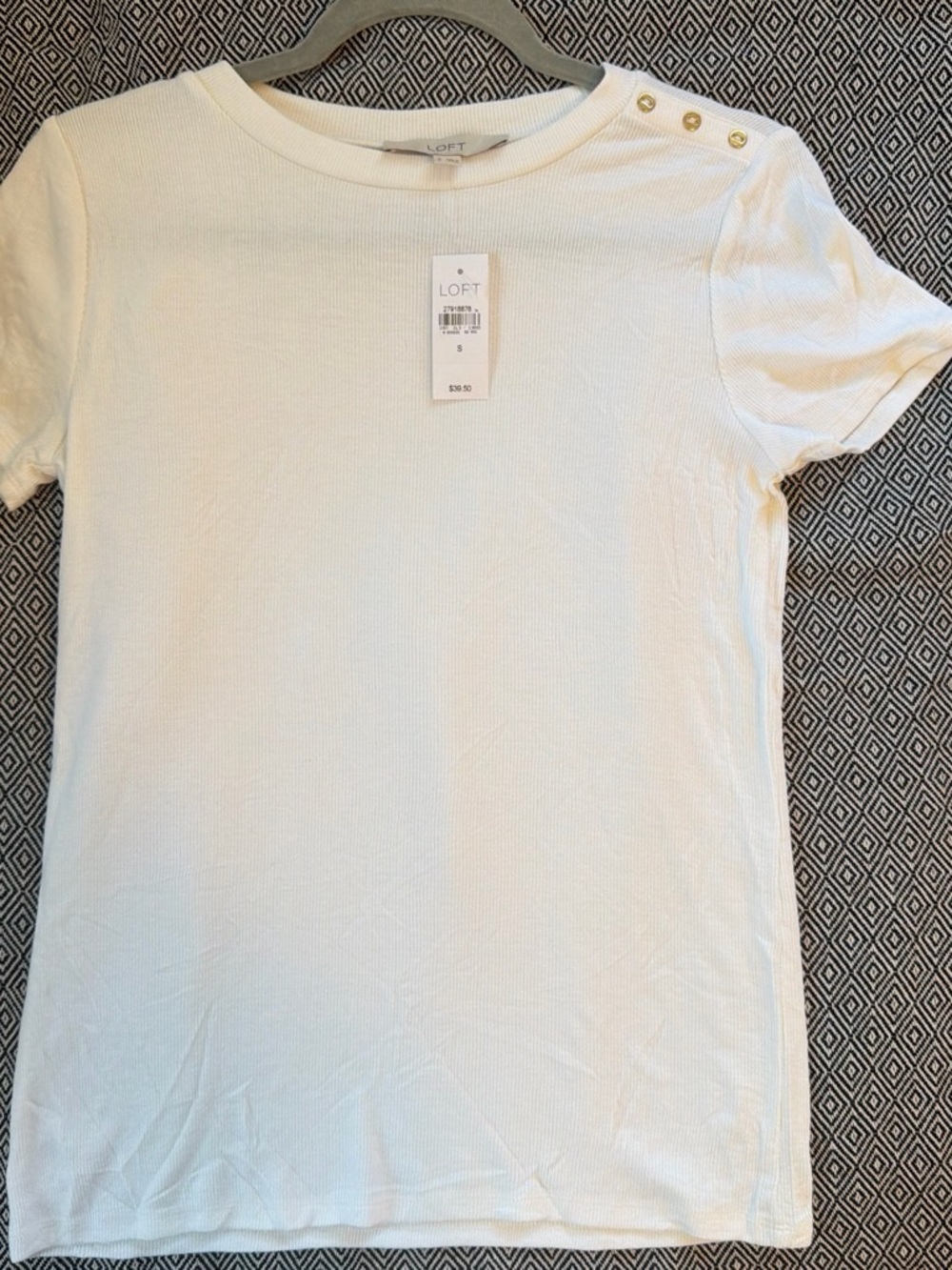LOFT White Short Sleeve Crewneck Tee with Gold Shoulder Buttons